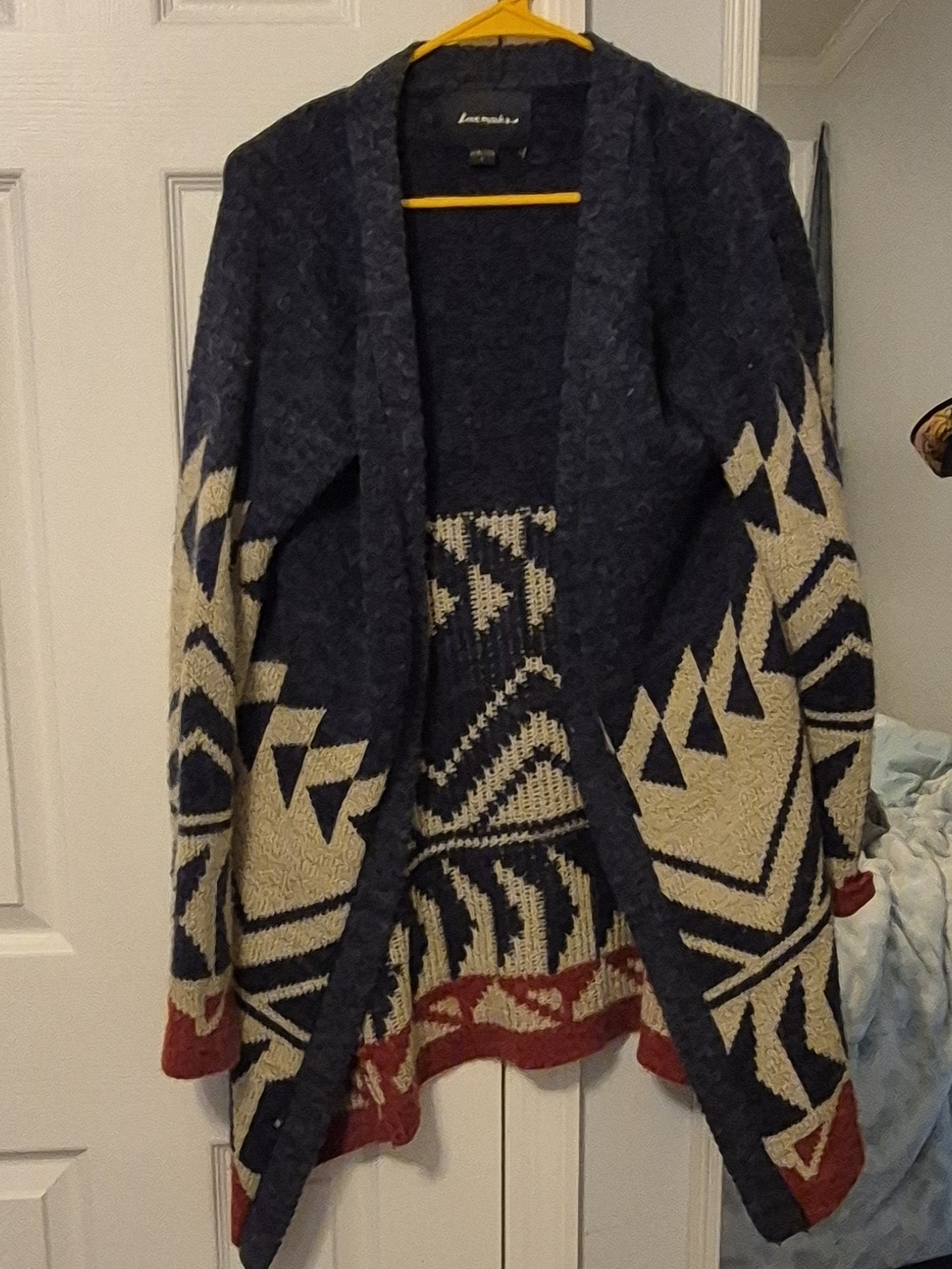 Open-Front Aztec Print Cardigan Sweater - Navy/Cream with Rust Accent